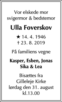 Dødsannoncen for Ulla Foverskov - Kbh