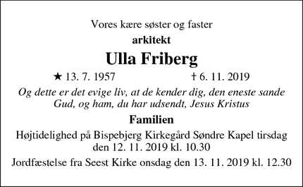 Dødsannoncen for Ulla Friberg - København