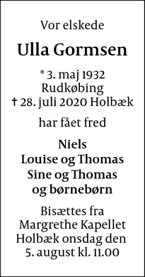 Dødsannoncen for Ulla Gormsen - Lejre