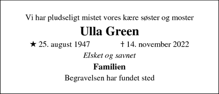Dødsannoncen for Ulla Green - Kolding