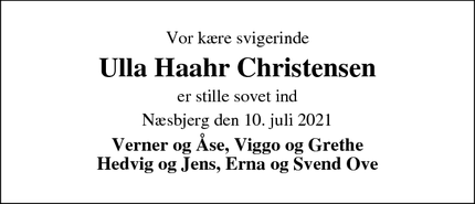 Dødsannoncen for Ulla Haahr Christensen - Næsbjerg