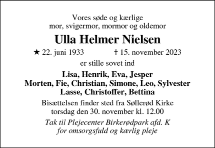Dødsannoncen for Ulla Helmer Nielsen - Birkerød
