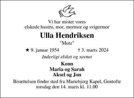 Dødsannoncen for Ulla Hendriksen - Gladsaxe