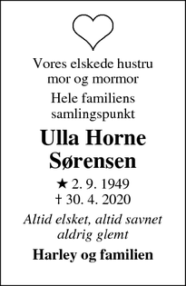 Dødsannoncen for Ulla Horne Sørensen - Hellerup