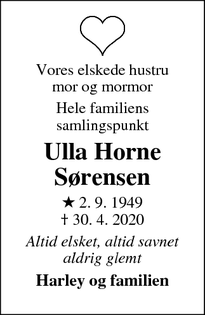 Dødsannoncen for Ulla Horne Sørensen - Hellerup