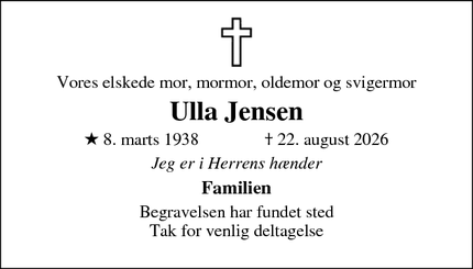 Dødsannoncen for Ulla Jensen - Klejtrup