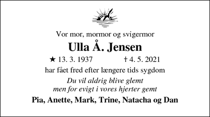 Dødsannoncen for Ulla Å. Jensen - Farum