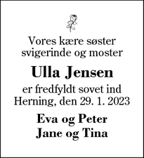 Dødsannoncen for Ulla Jensen - Herning