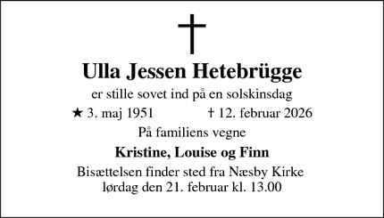 Dødsannoncen for Ulla Jessen Hetebr&uuml;gge - Odense 