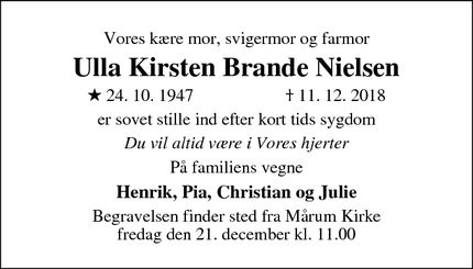 Dødsannoncen for Ulla Kirsten Brande Nielsen - Blistrup