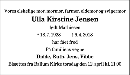 Dødsannoncen for Ulla Kirstine Jensen - Bredebro