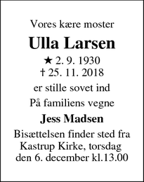 Dødsannoncen for Ulla Larsen  - Kastrup