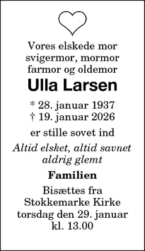 Dødsannoncen for Ulla Larsen - Keldernæs