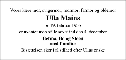 Dødsannoncen for Ulla Mains - Værløse