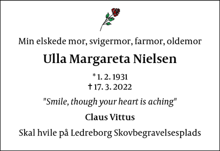 Dødsannoncen for Ulla Margareta Nielsen - Lejre