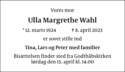 Dødsannoncen for Ulla Margrethe Wahl - København