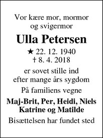Dødsannoncen for Ulla Petersen - Valby