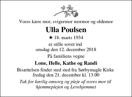Dødsannoncen for Ulla Poulsen - Brønshøj