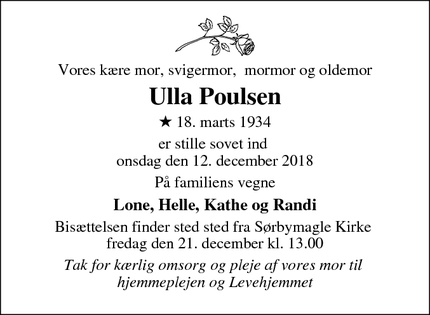 Dødsannoncen for Ulla Poulsen - Brønshøj