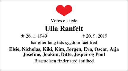 Dødsannoncen for Ulla Ranfelt - Ålsgårde