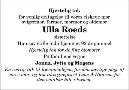 Taksigelsen for Ulla Roeds - Farsø(,tidligere Vilsted). 