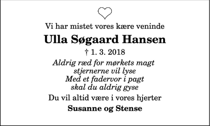 Dødsannoncen for Ulla Søgaard Hansen - Villerslev