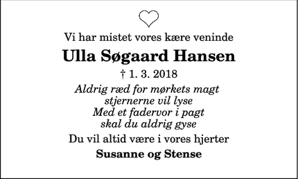 Dødsannoncen for Ulla Søgaard Hansen - Villerslev