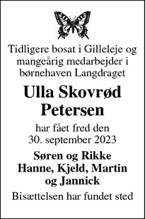 Dødsannoncen for Ulla Skovrød
Petersen - Stubbekøbing 