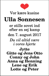 Dødsannoncen for Ulla Sonnesen - Thisted