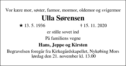 Dødsannoncen for Ulla Sørensen - Viborg