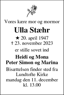 Dødsannoncen for Ulla Stæhr - Virum
