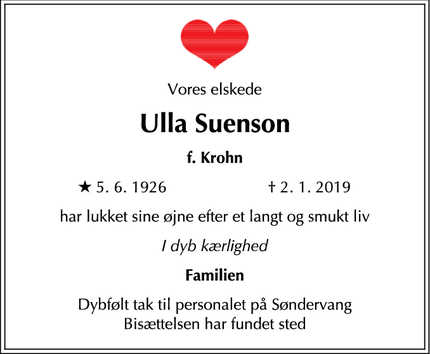 Dødsannoncen for Ulla Suenson - Frederiksberg
