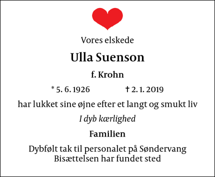 Dødsannoncen for Ulla Suenson - Frederiksberg