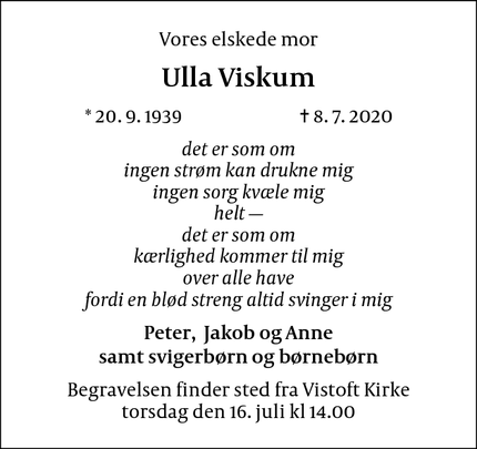 Dødsannoncen for Ulla Viskum - Fredensborg