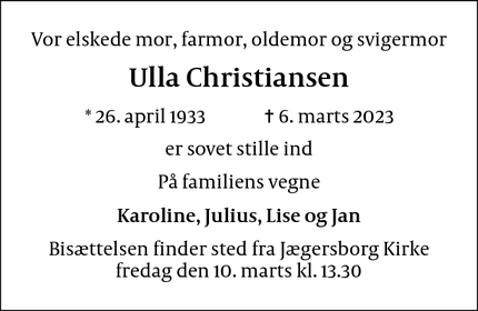 Dødsannoncen for Ulla Christiansen - Gentofte