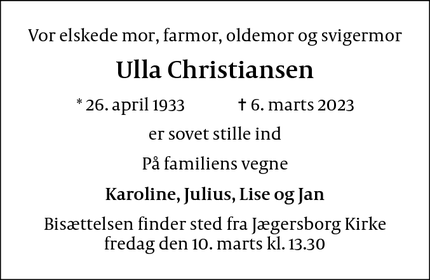 Dødsannoncen for Ulla Christiansen - Gentofte