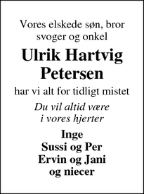 Dødsannoncen for Ulrik Hartvig
Petersen - Engesvang