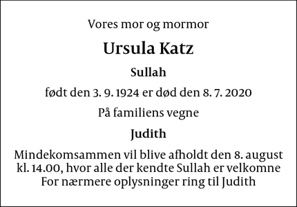 Dødsannoncen for Ursula Katz - København