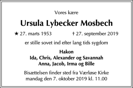 Dødsannoncen for Ursula Lybecker Mosbech - Værløse