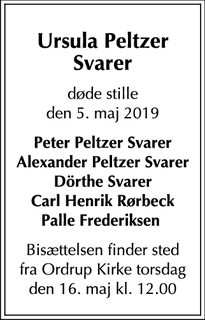 Dødsannoncen for Ursula Peltzer Svarer - Charlottenlund