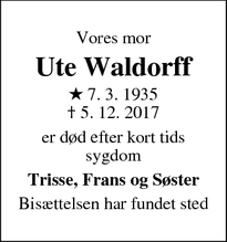 Dødsannoncen for Ute Waldorff - Nivå