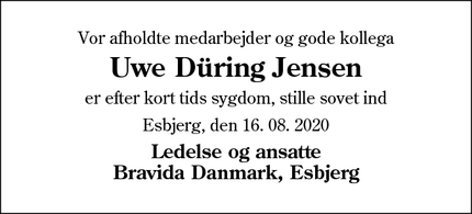 Dødsannoncen for Uwe Düring Jensen - Ribe