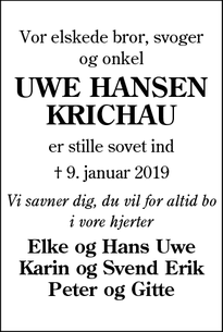 Dødsannoncen for UWE HANSEN
KRICHAU - Rødekro