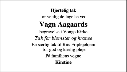 Dødsannoncen for Vagn Aagaards - Vonge