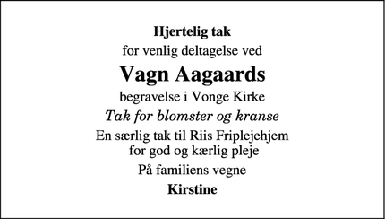 Dødsannoncen for Vagn Aagaards - Vonge