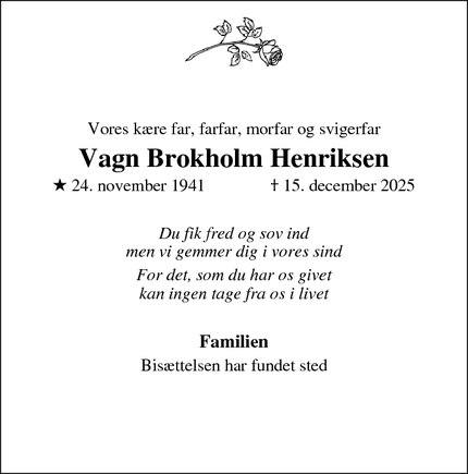 Dødsannoncen for Vagn Brokholm Henriksen - Ballerup