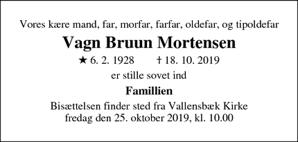 Dødsannoncen for Vagn Bruun Mortensen - Vallensbæk