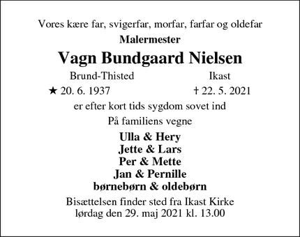 Dødsannoncen for Vagn Bundgaard Nielsen - Ikasr