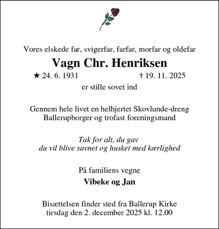 Dødsannoncen for Vagn Chr. Henriksen - Ballerup