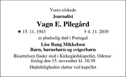 Dødsannoncen for Vagn E. Pilegård - Faaborg